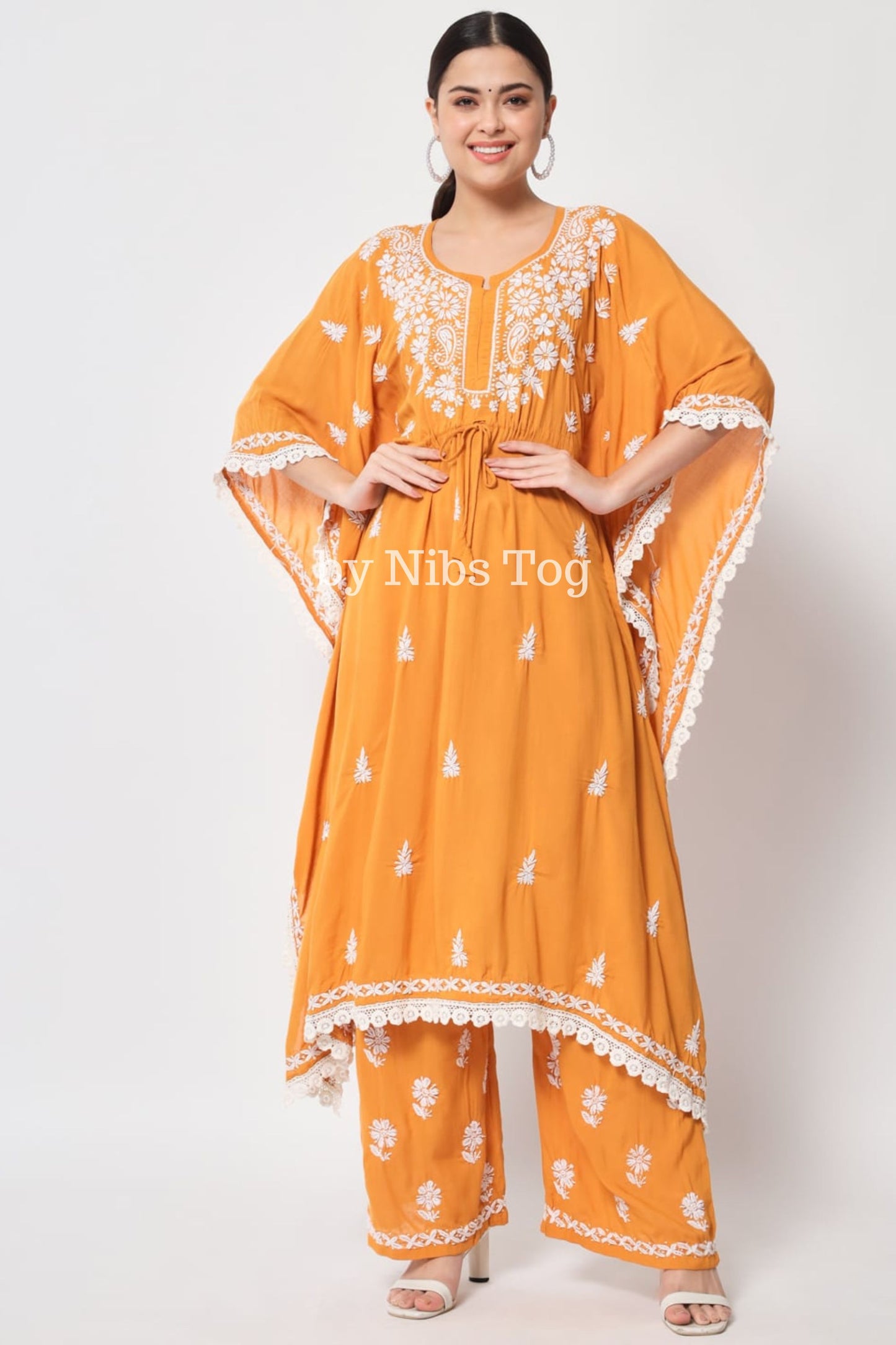Yellow Chikankari Embroidered Kaftan Set for Women
