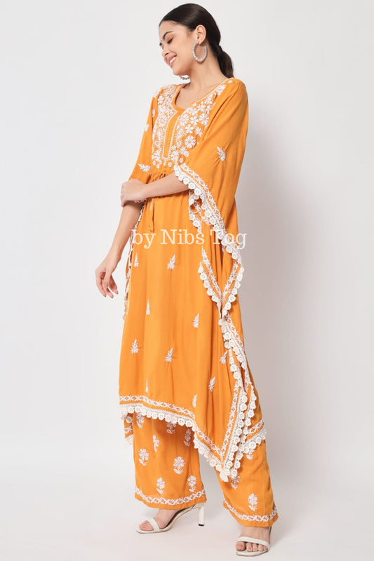 Yellow Chikankari Embroidered Kaftan Set for Women