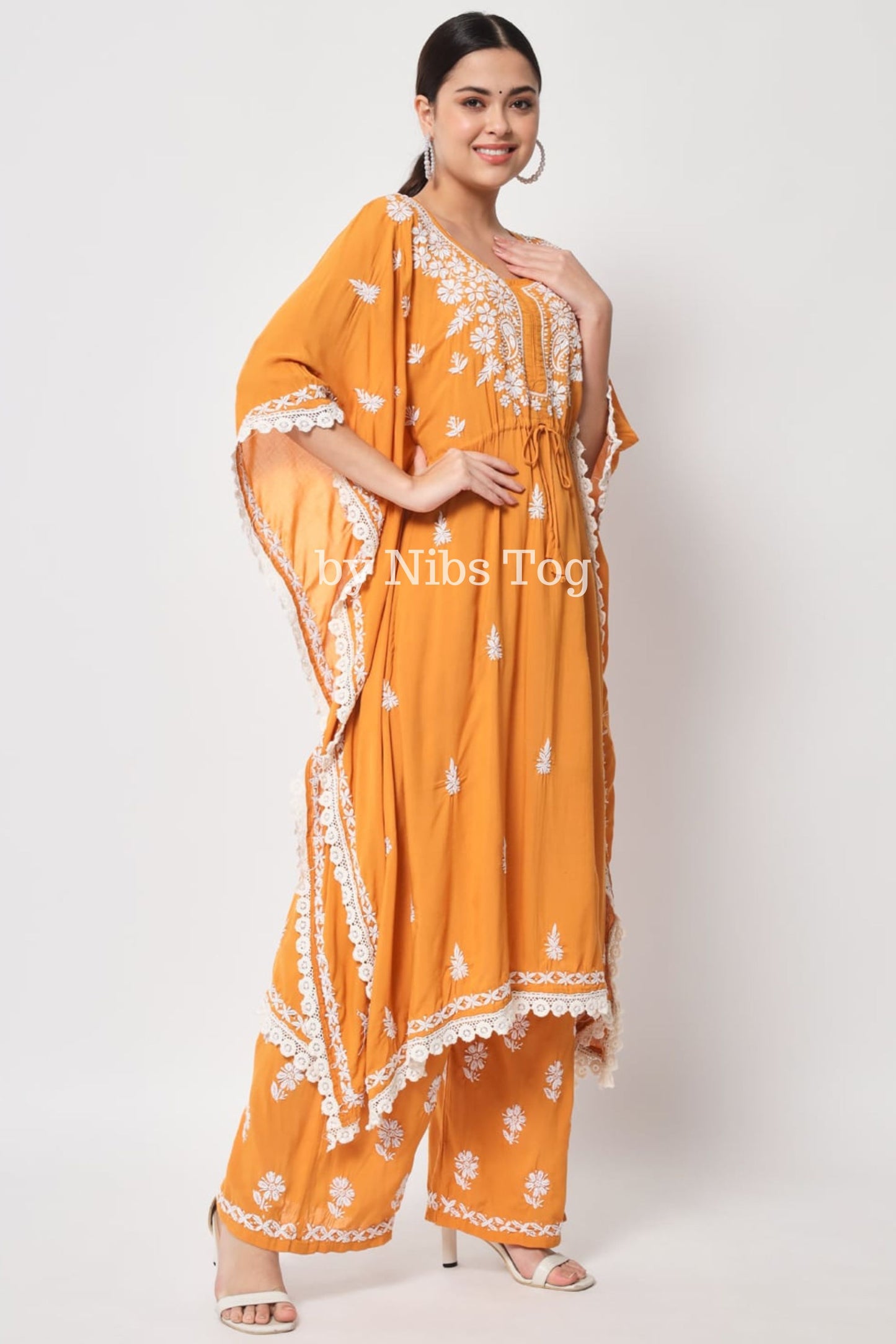 Yellow Chikankari Embroidered Kaftan Set for Women