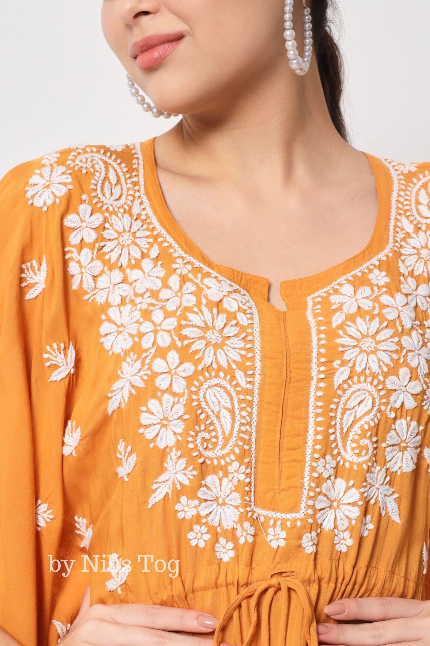 Yellow Chikankari Embroidered Kaftan Set for Women