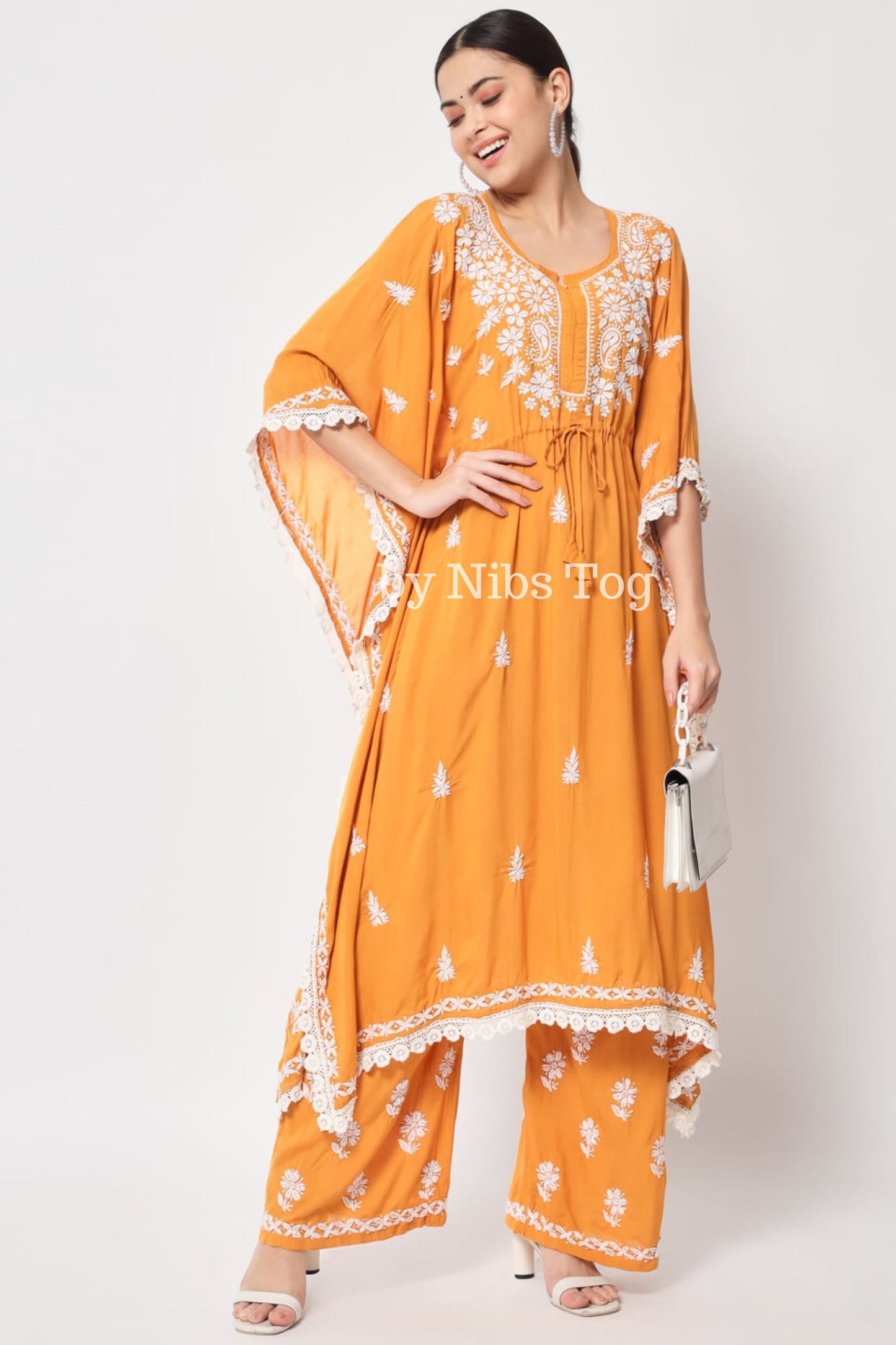 Yellow Chikankari Embroidered Kaftan Set for Women