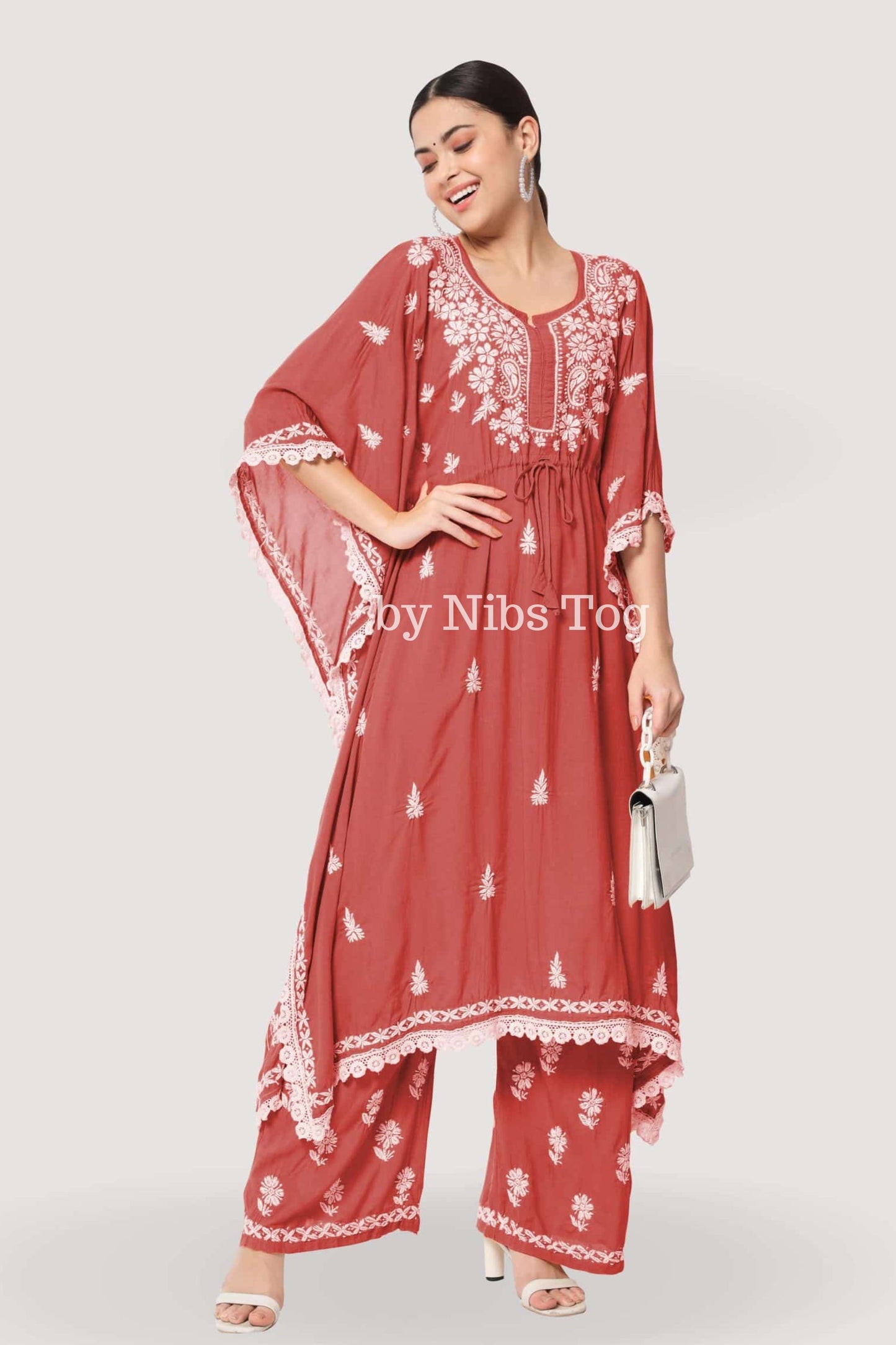 Chikankari Embroidered Rayon Cotton Kaftan Set Rust
