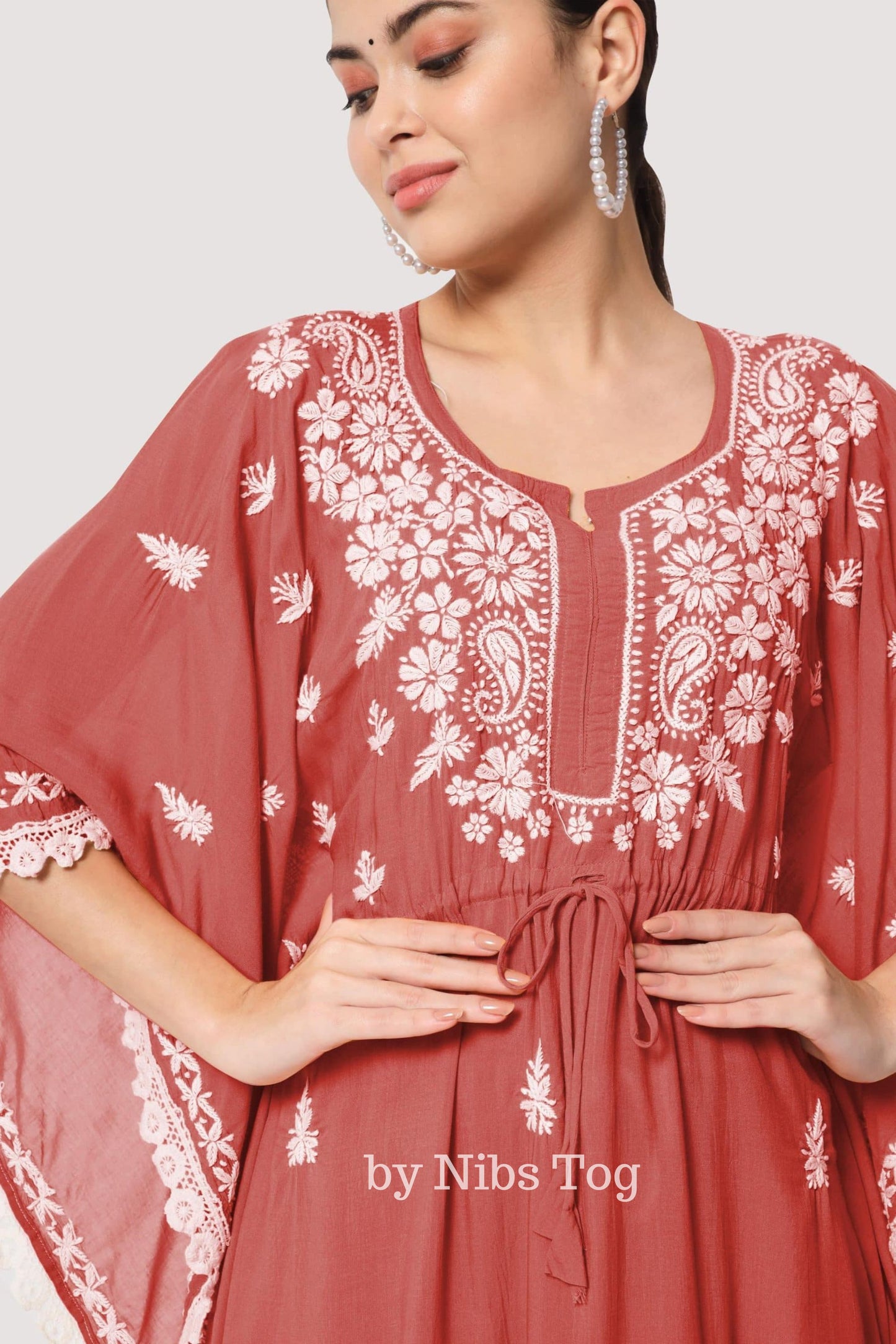 Chikankari Embroidered Rayon Cotton Kaftan Set Rust