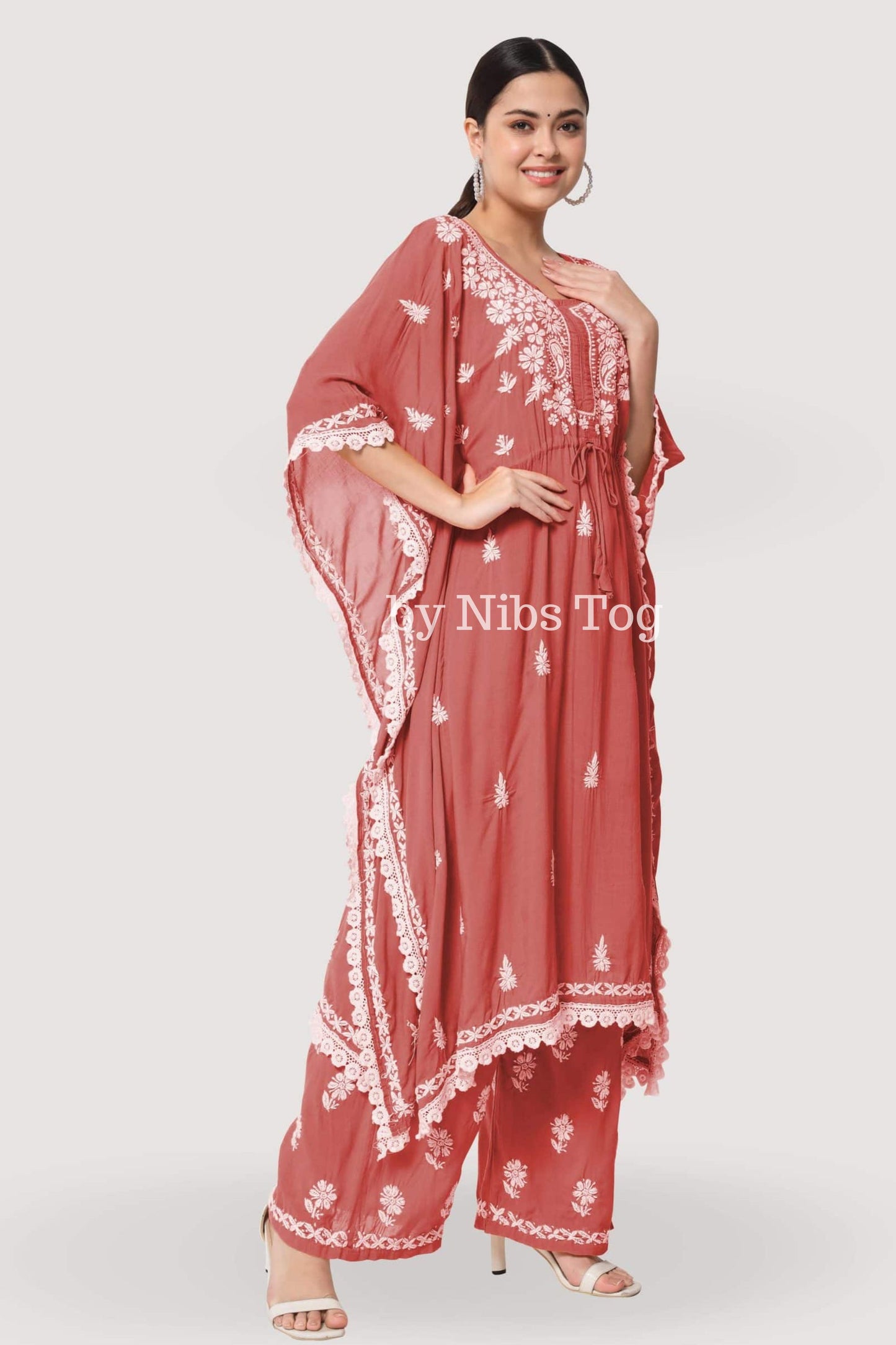 Chikankari Embroidered Rayon Cotton Kaftan Set Rust