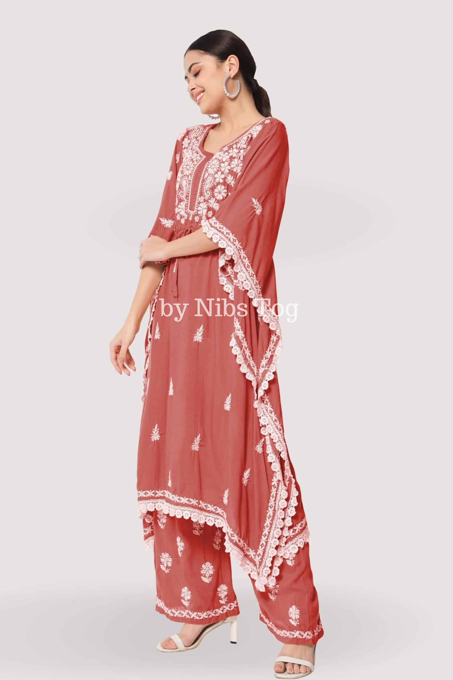 Chikankari Embroidered Rayon Cotton Kaftan Set Rust