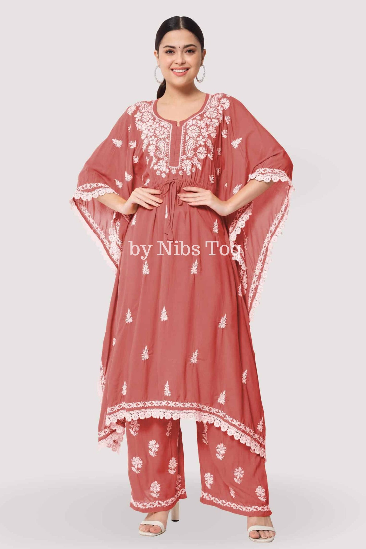 Chikankari Embroidered Rayon Cotton Kaftan Set Rust