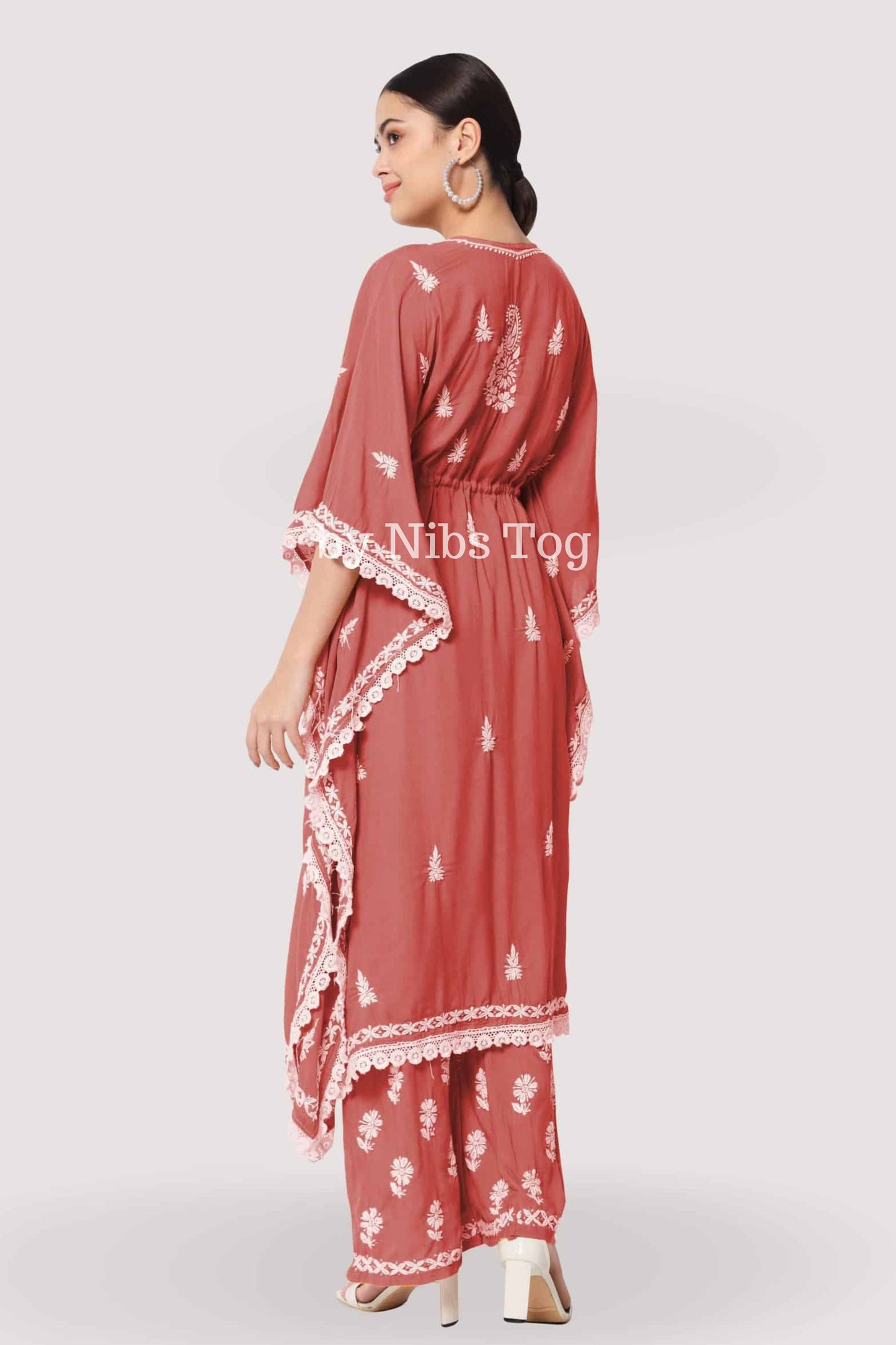 Chikankari Embroidered Rayon Cotton Kaftan Set Rust
