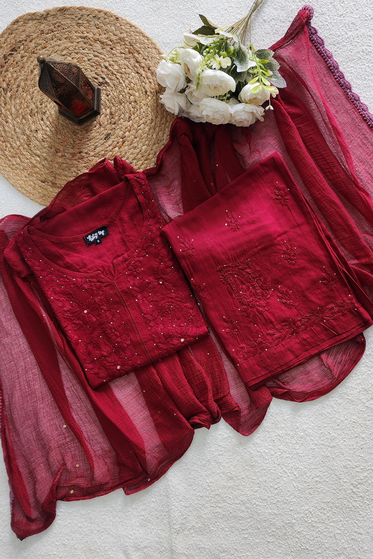 Chikankari Kurta Palazzo Set with Dupatta Cotton