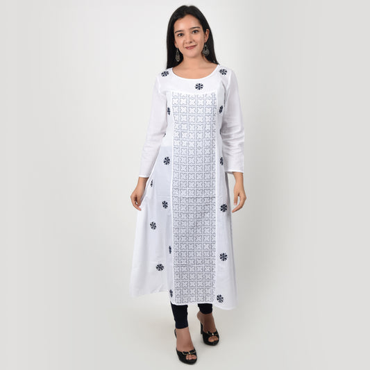 Cotton Chikankari Kurta A Line White and Blue Large