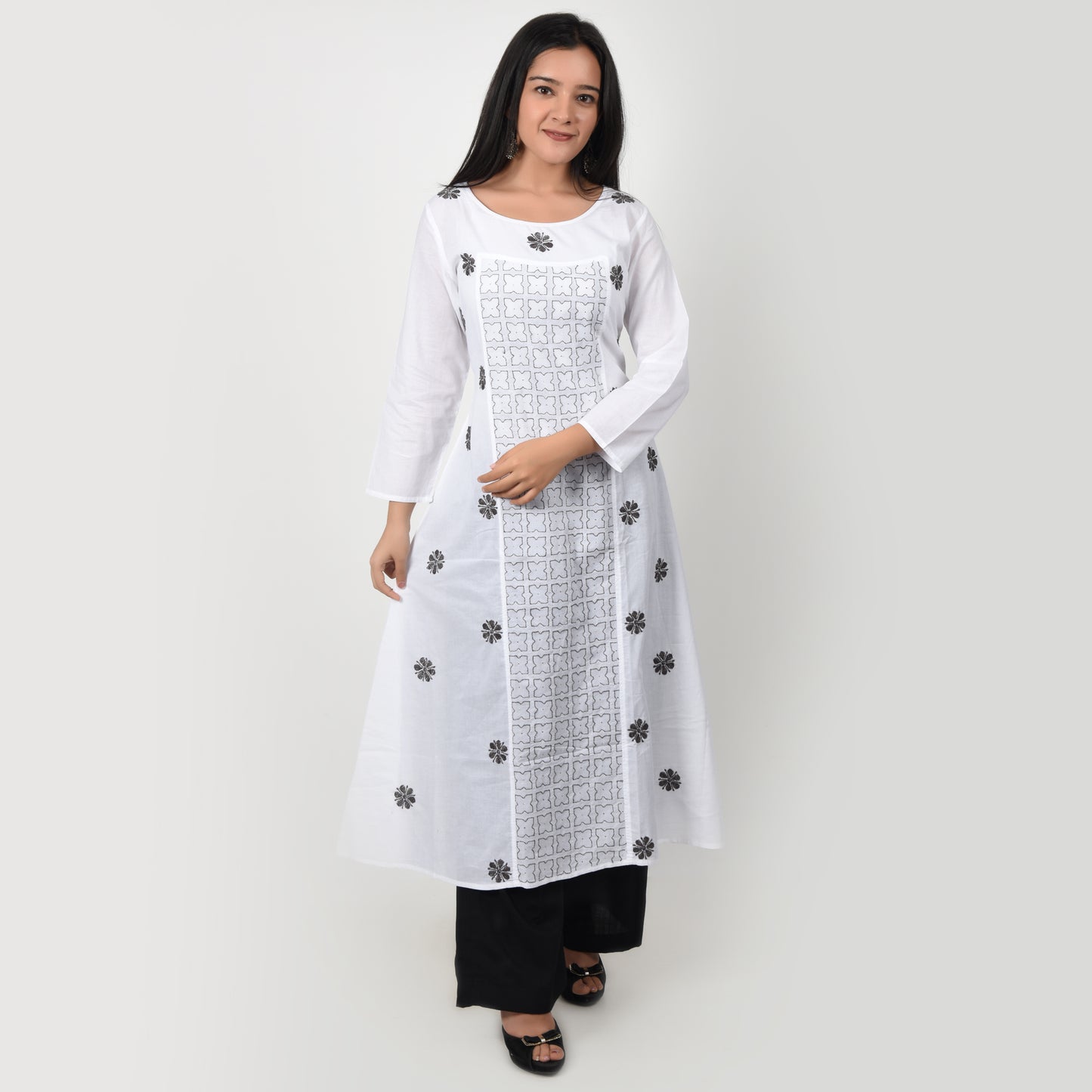 Cotton Chikankari Kurta A Line White and Grey