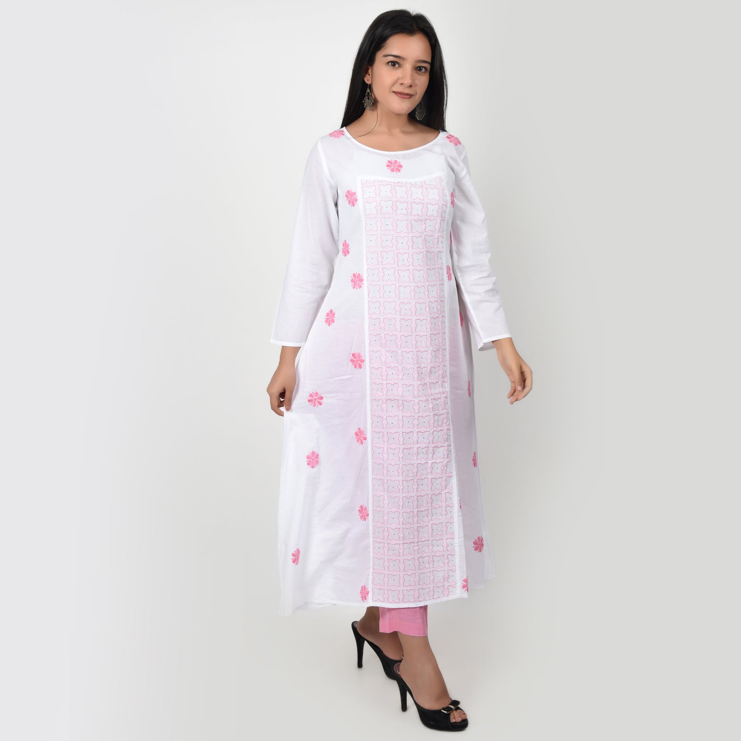 Cotton Chikankari Kurta A Line White and Pink Medium