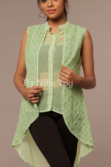 Green Chikankari Top Georgette Sleeveless Shirt for Women