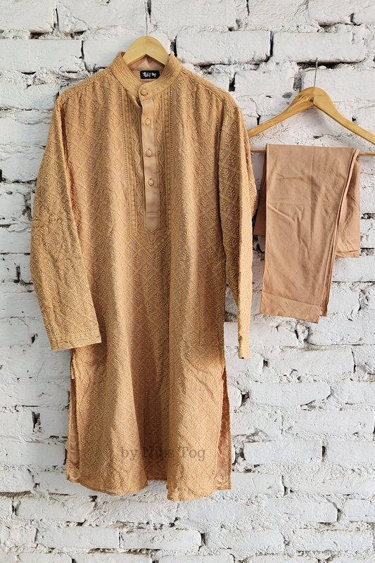 Beige Mens Chikankari Kurta with churidar