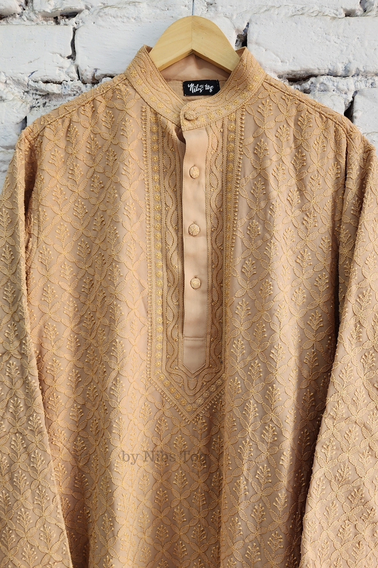 Beige Mens Chikankari Kurta with churidar