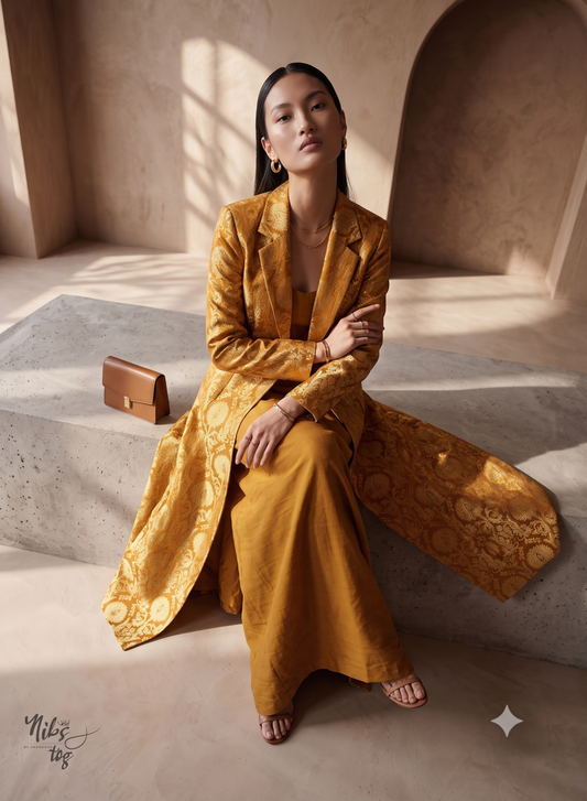 Mustard Banarasi Brocade Blazer Jacket Long, Customizable
