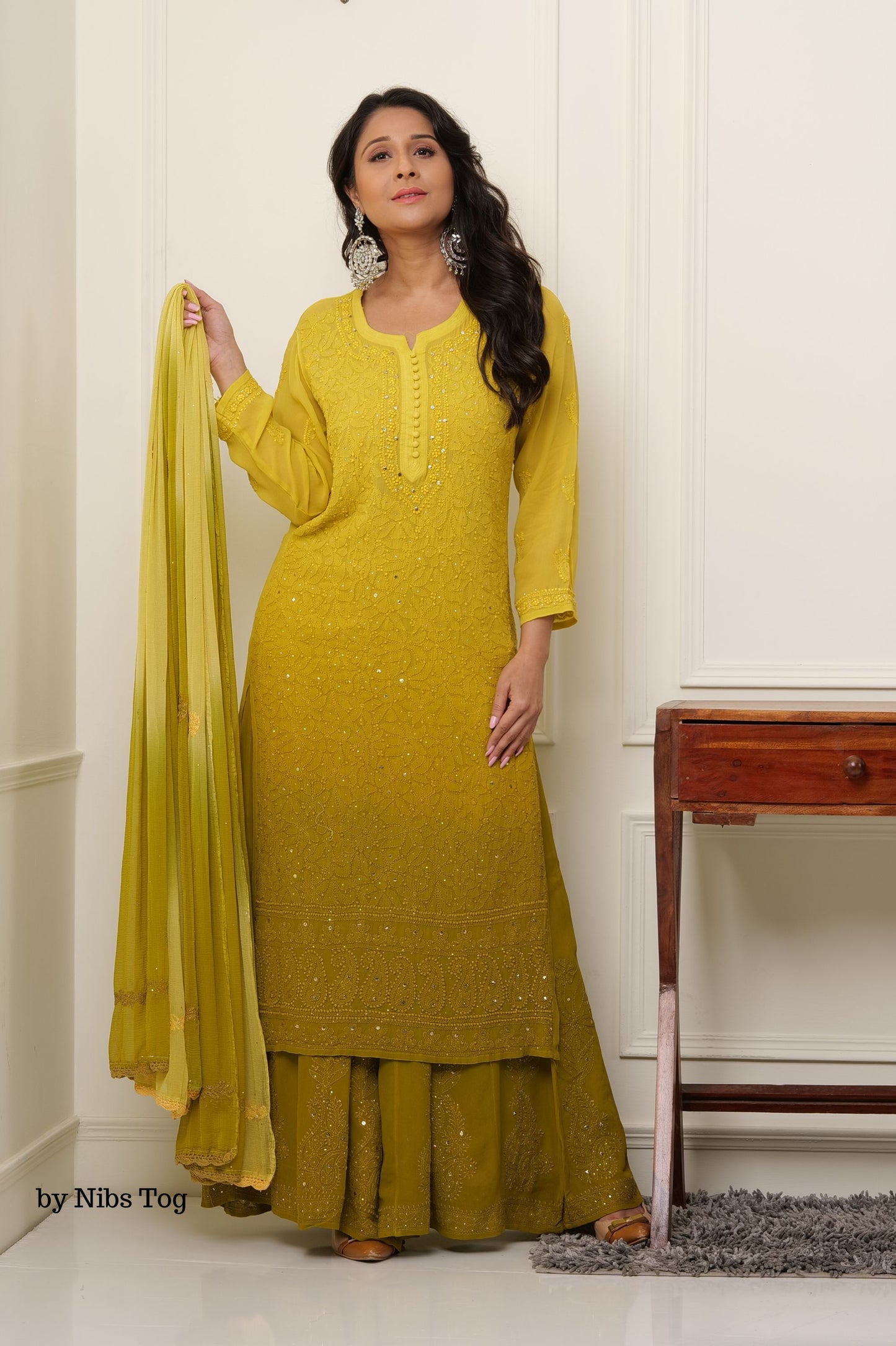 Ombre Green Shaista Chikankari Kurta Palazzo Set
