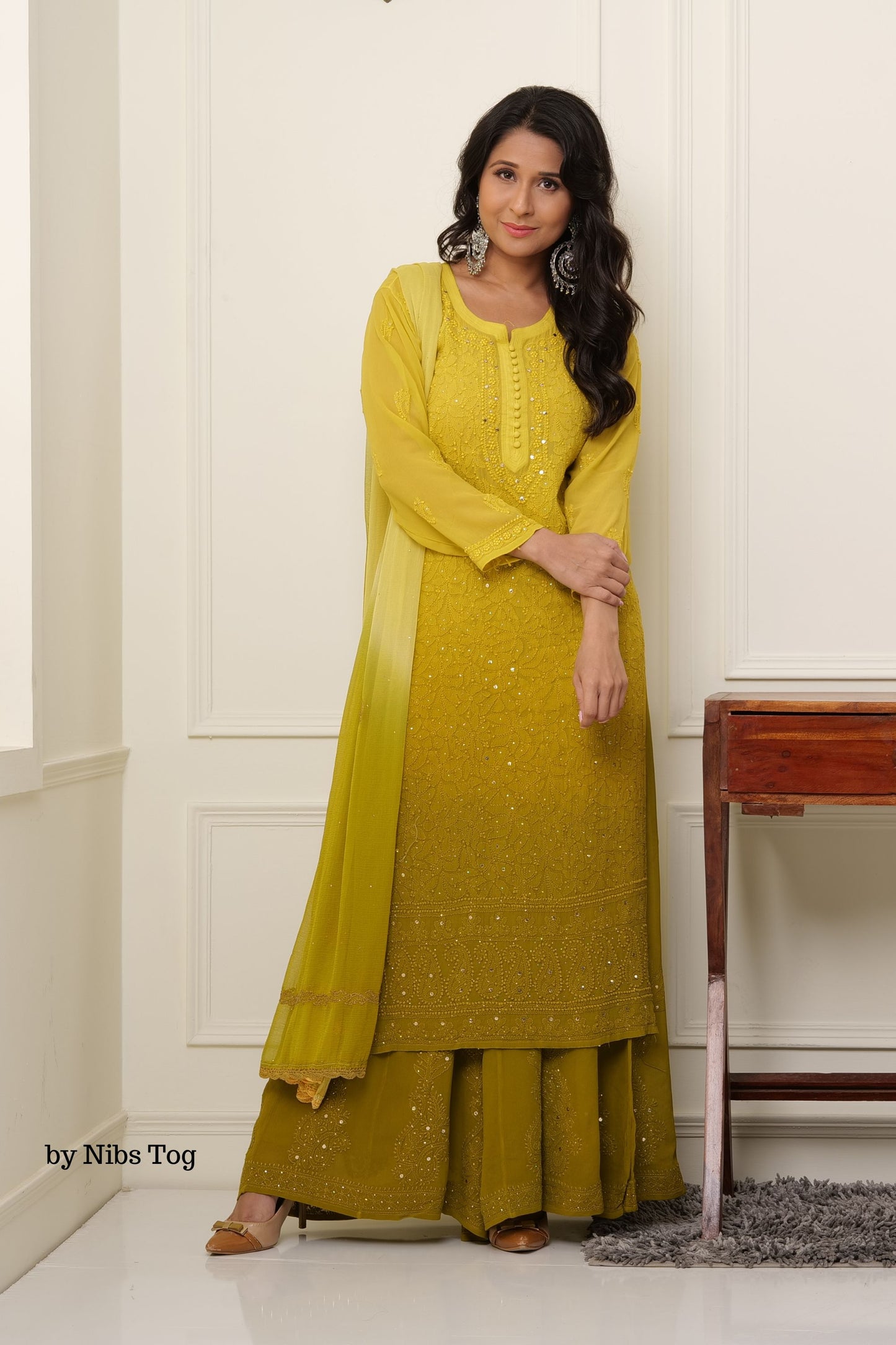 Ombre Green Shaista Chikankari Kurta Palazzo Set