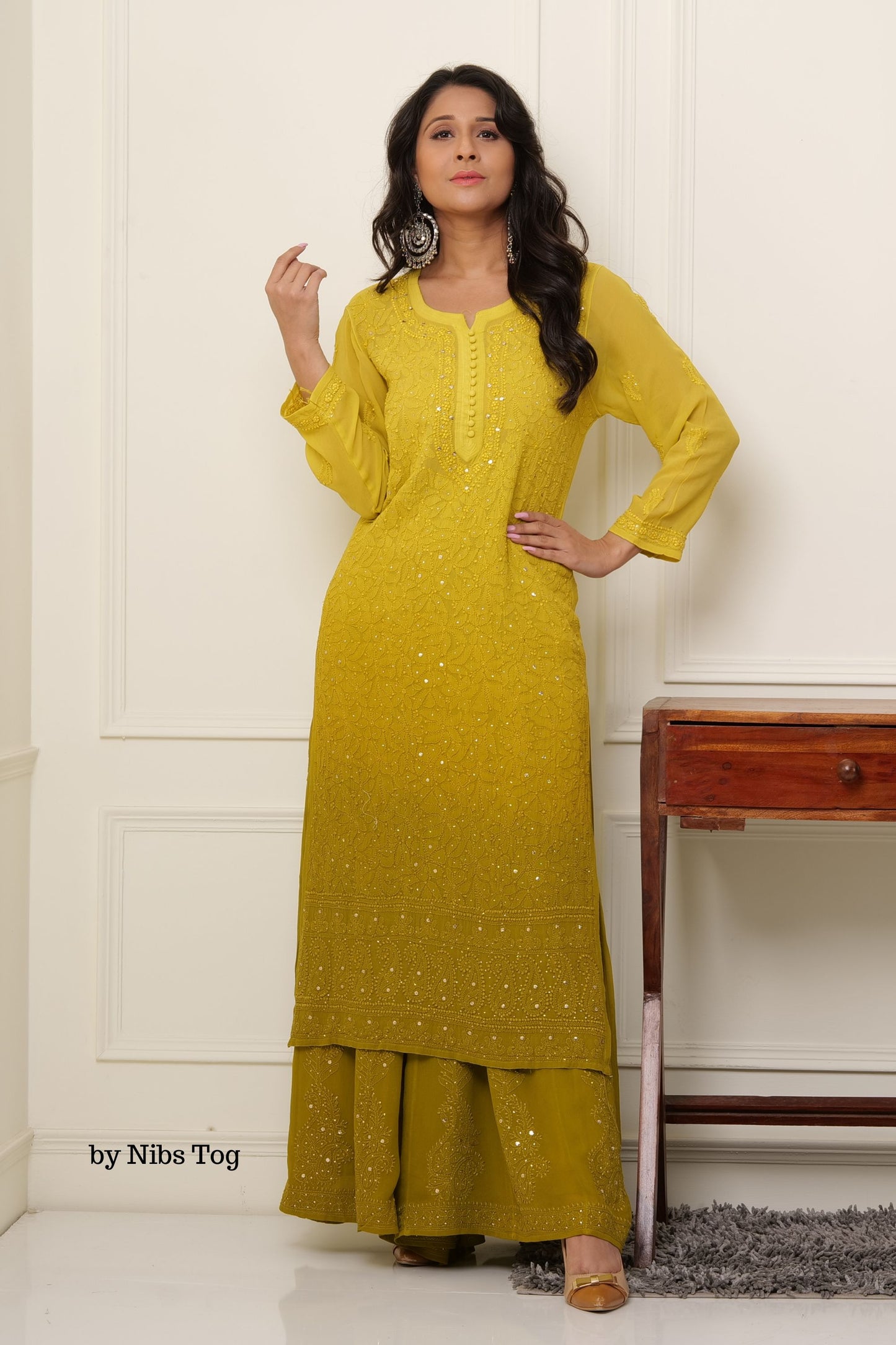 Ombre Green Shaista Chikankari Kurta Palazzo Set