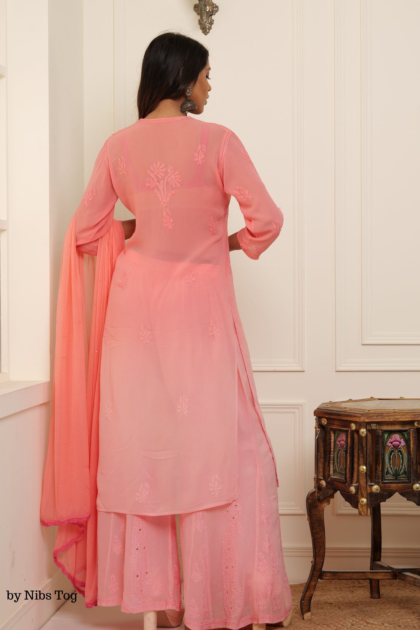 Rose Gold Ombre Noori Chikankari Kurta Palazzo Set with Dupatta