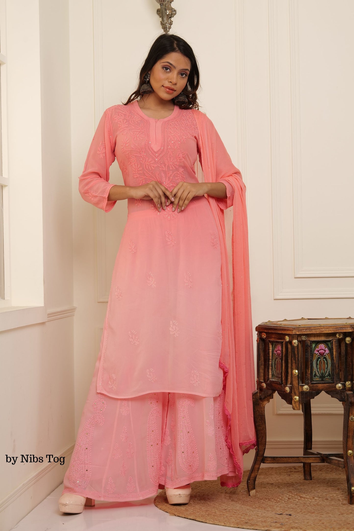 Rose Gold Ombre Noori Chikankari Kurta Palazzo Set with Dupatta