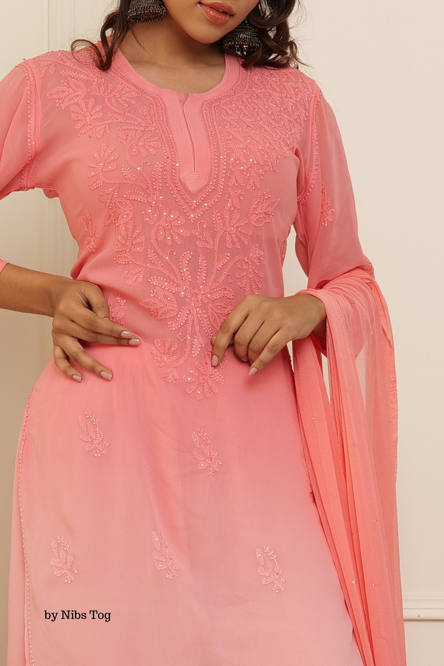 Rose Gold Ombre Noori Chikankari Kurta Palazzo Set with Dupatta
