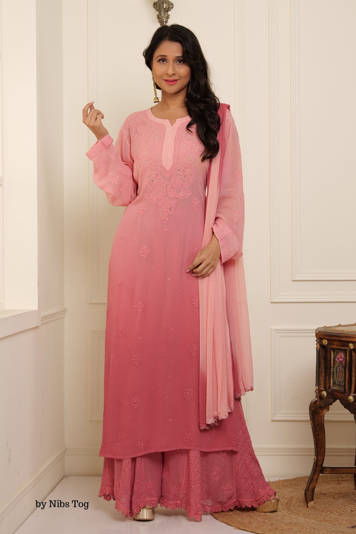 Nude ombre Noori Chikankari Kurta Palazzo Set with Dupatta