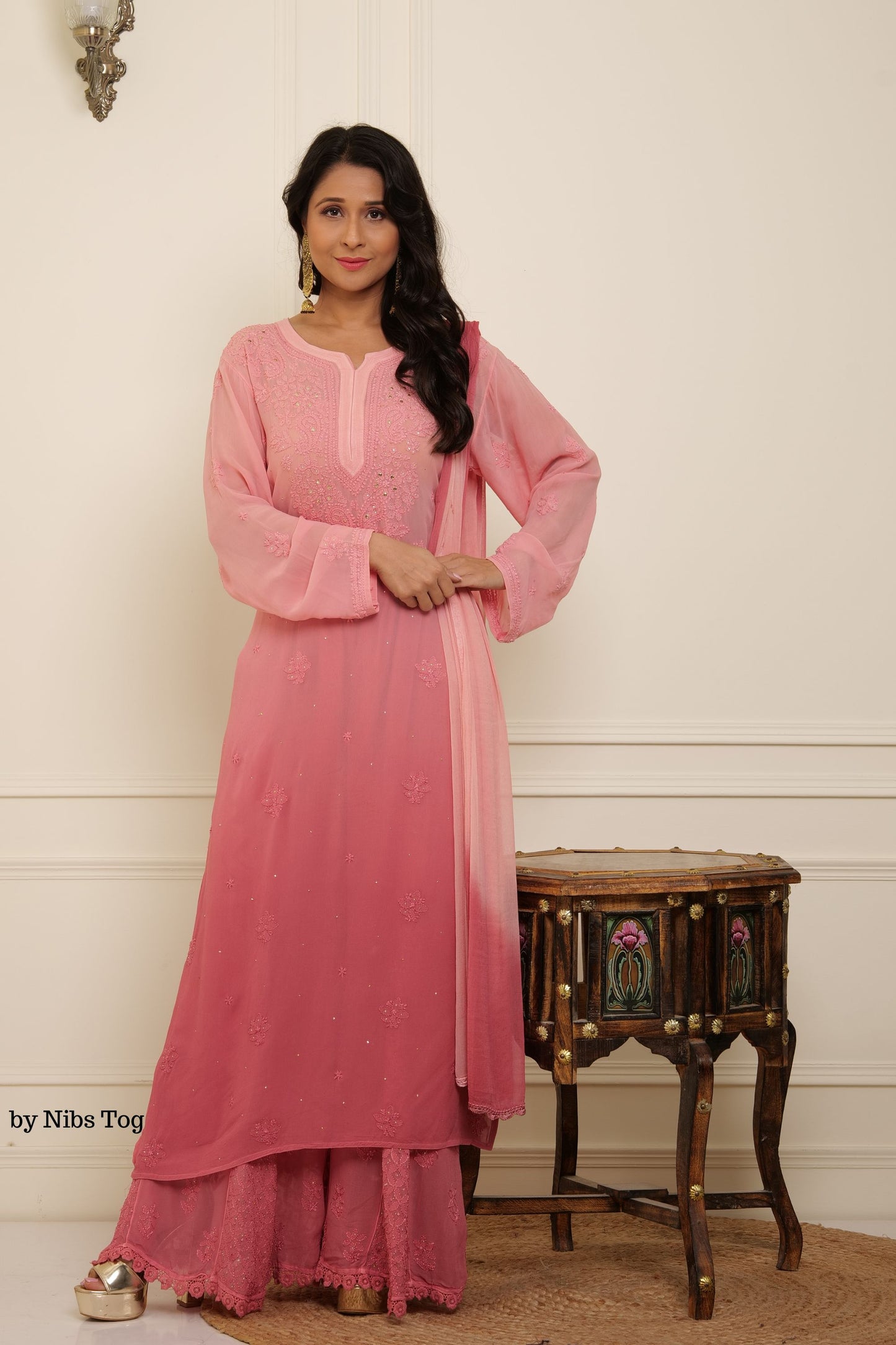 Nude ombre Noori Chikankari Kurta Palazzo Set with Dupatta
