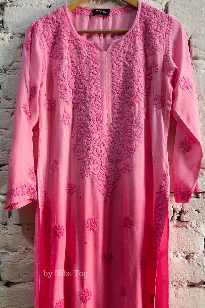 Muslin Ombre Pink Chikankari Kurta with Mukaish