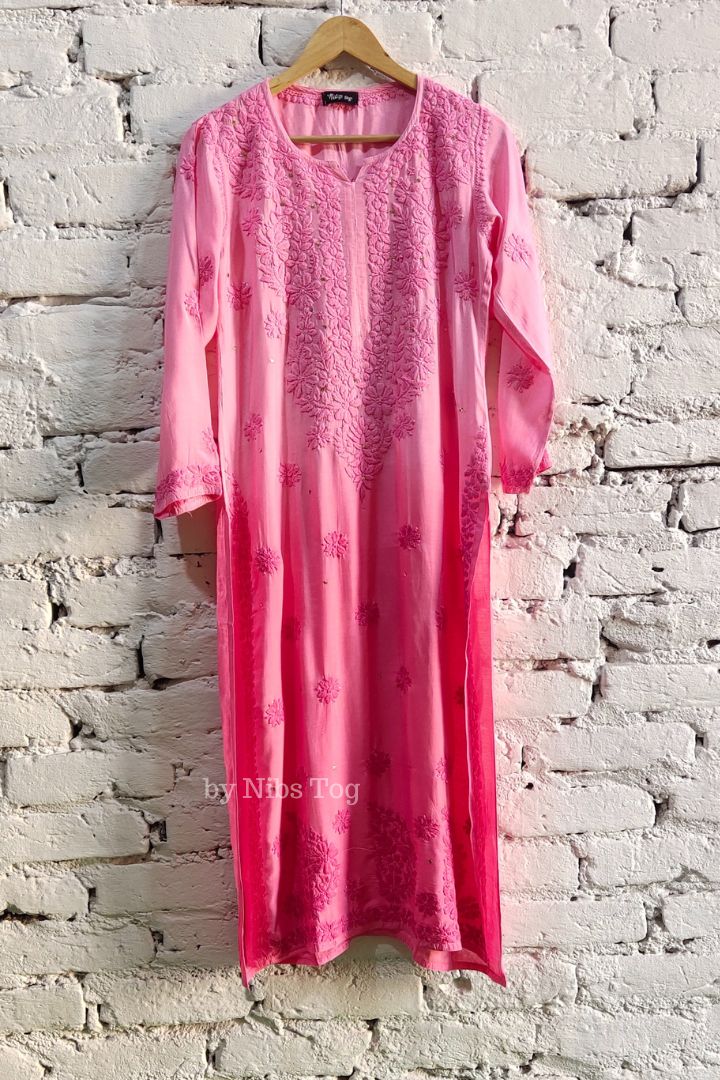 Muslin Ombre Pink Chikankari Kurta with Mukaish