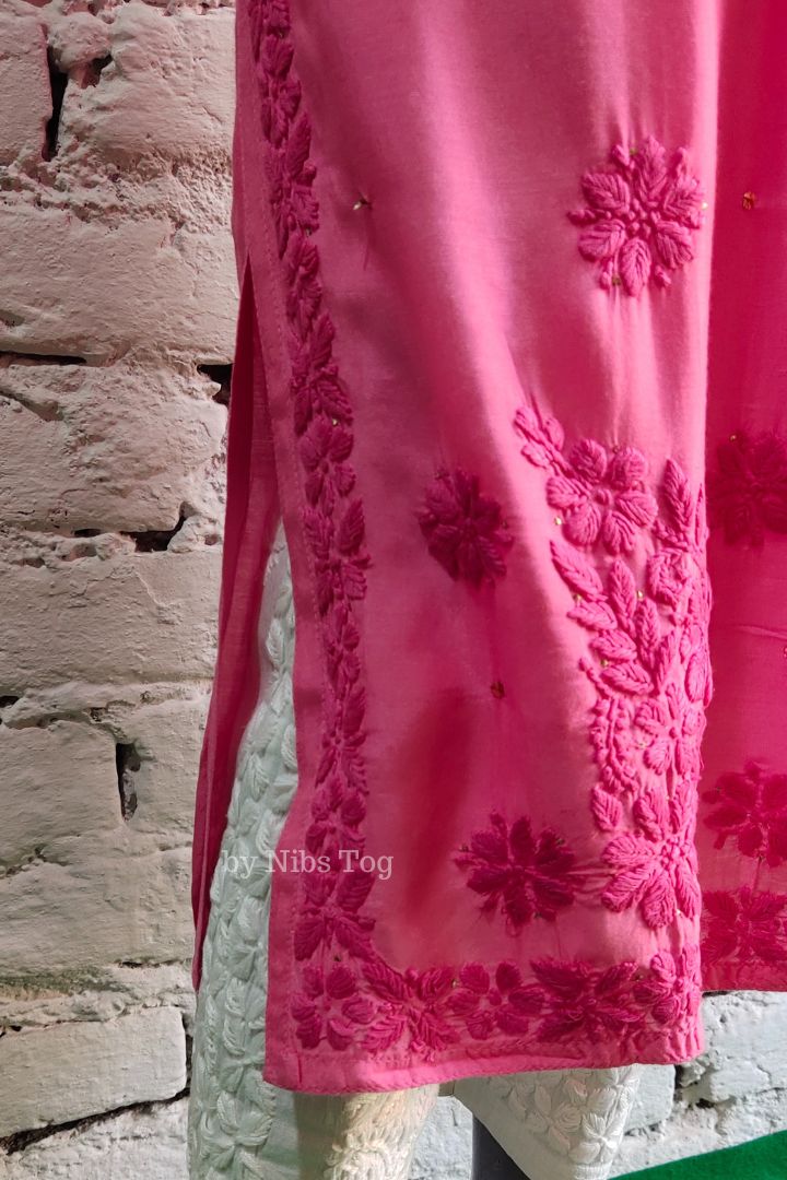 Muslin Ombre Pink Chikankari Kurta with Mukaish