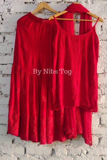 Strappy Red Chikankari Kurta Garara Set for Women