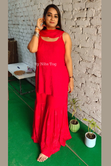 Strappy Red Chikankari Kurta Garara Set for Women
