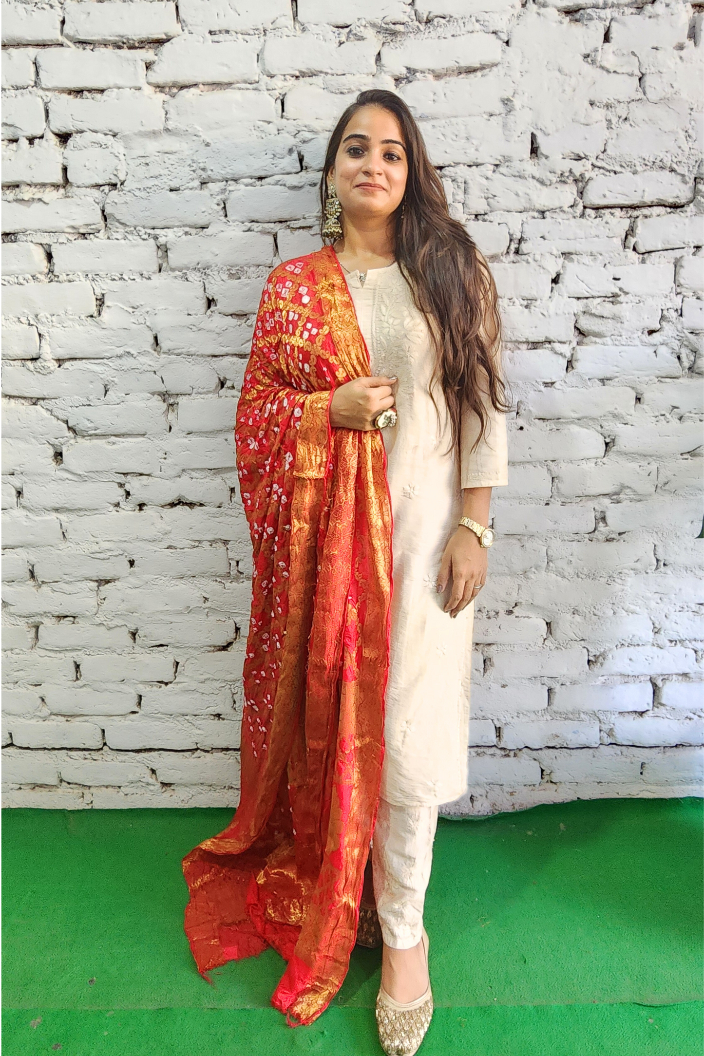 Ivory Silk Chikankari Kurta Set with Red Bandhej Dupatta