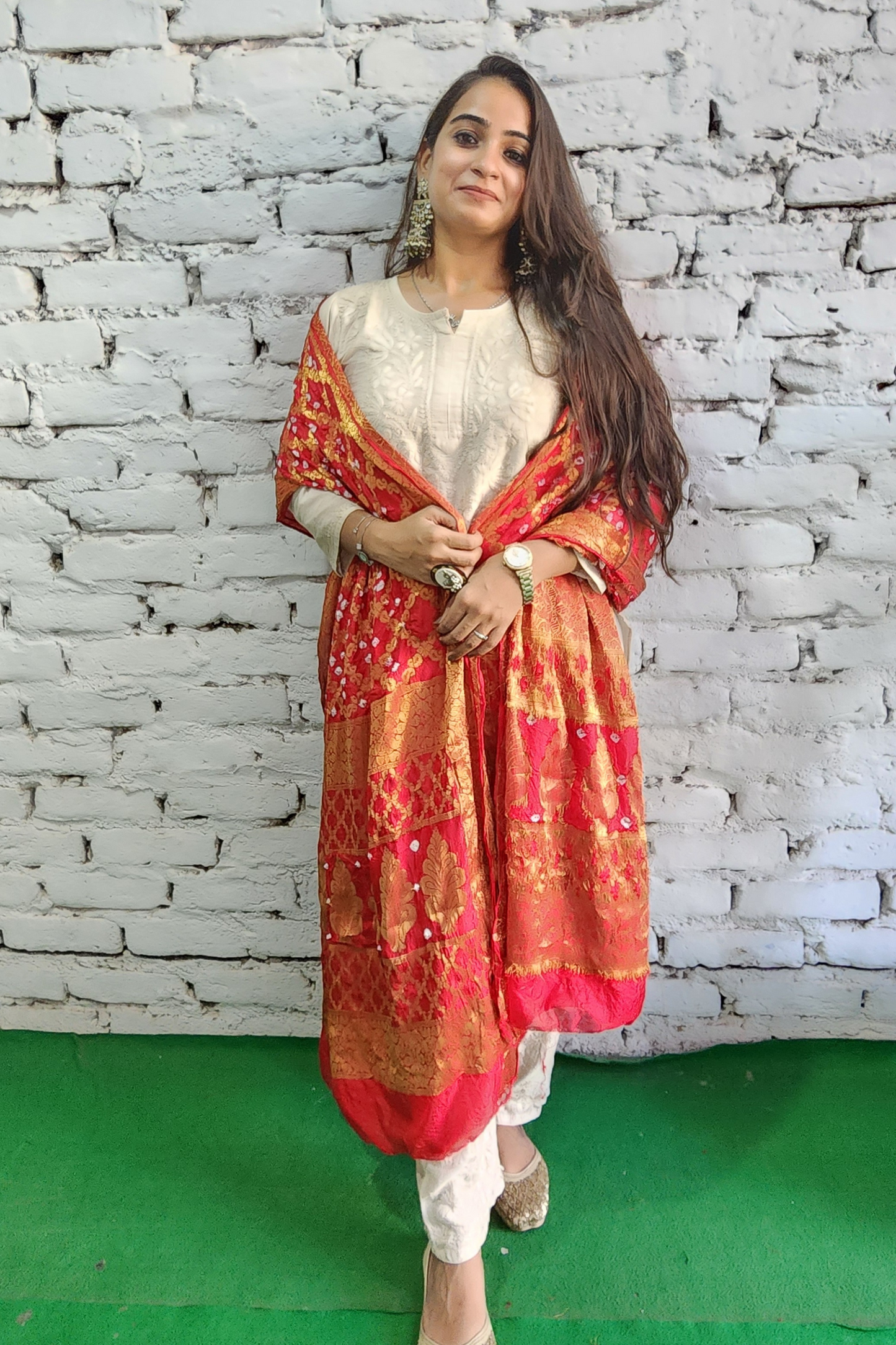 Ivory Silk Chikankari Kurta Set with Red Bandhej Dupatta