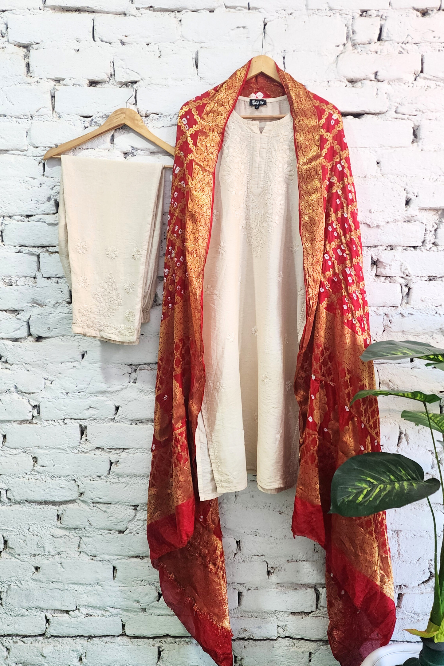 Ivory Silk Chikankari Kurta Set with Red Bandhej Dupatta