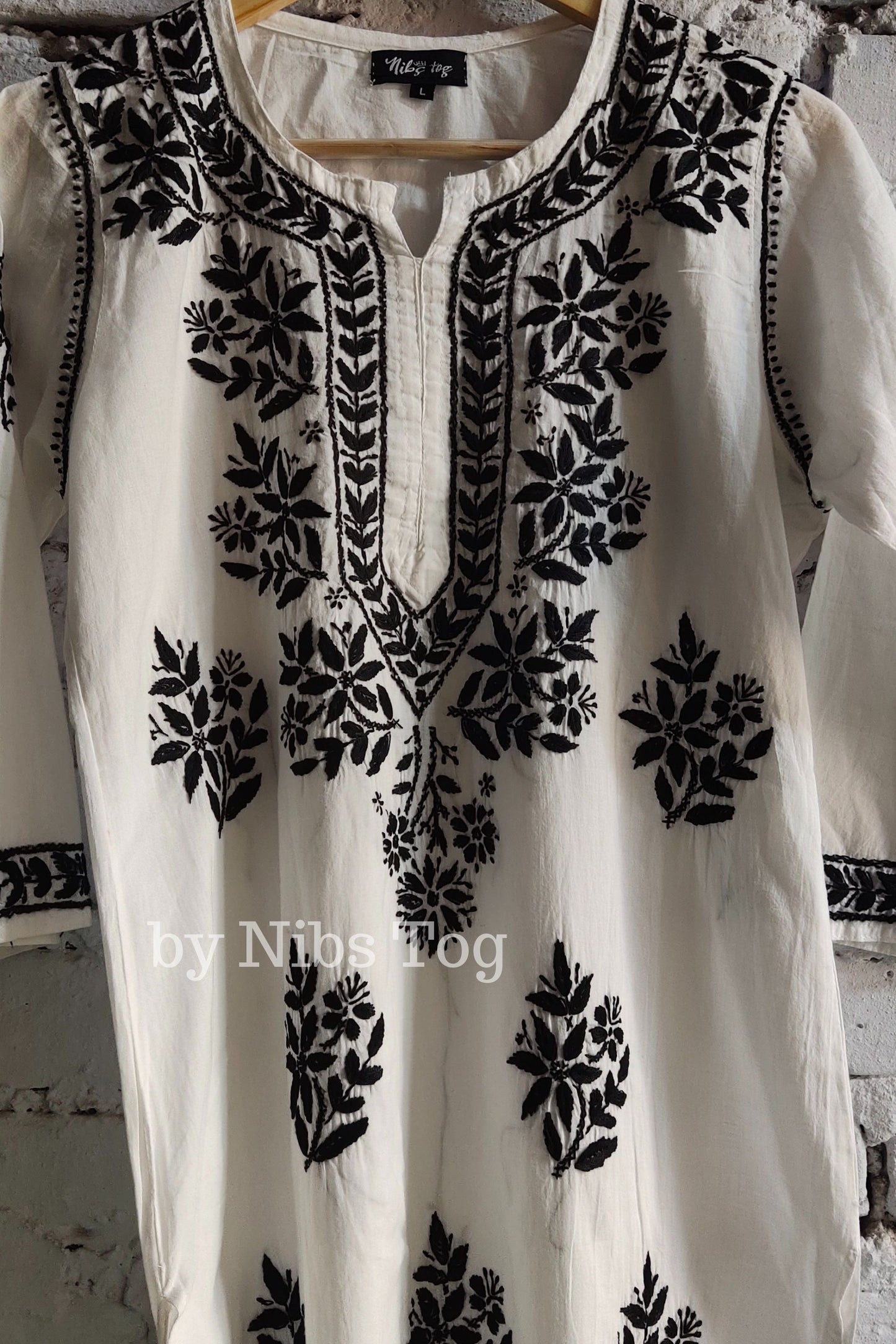 White & Black Cotton Chikankari Kurta Set