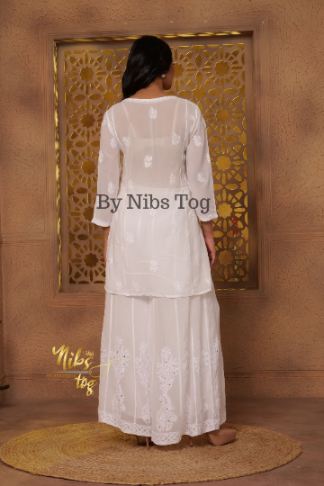 White Short Chikankari Kurta Palazzo set Viscose Georgette