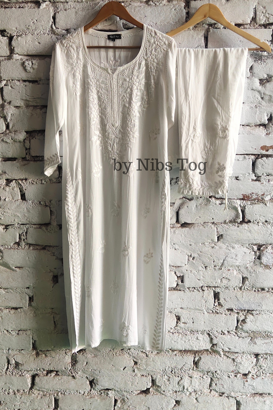 White Modal Cotton Chikankari Kurta set