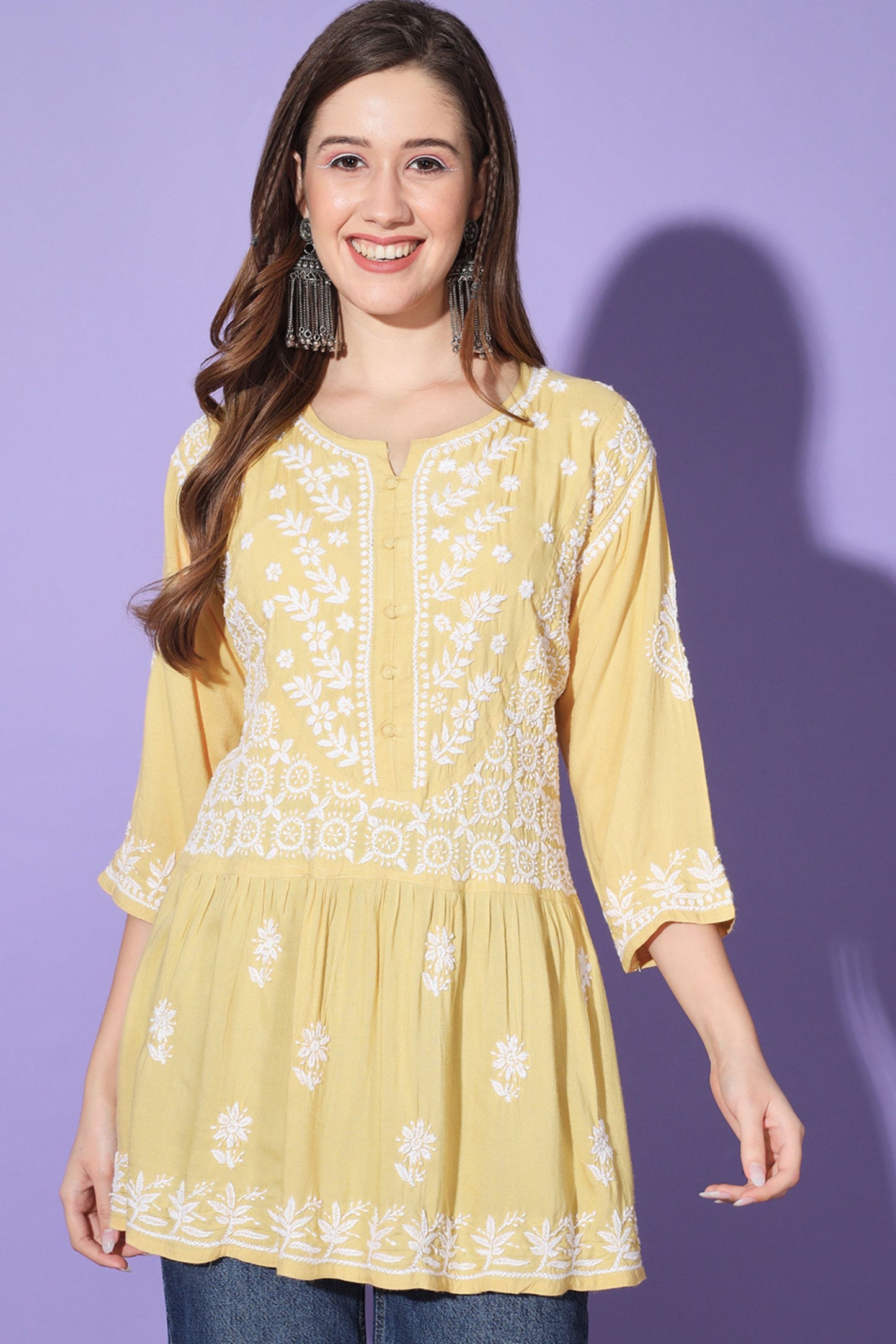 Gul Beige Chikankari Short Kurta Rayon Cotton