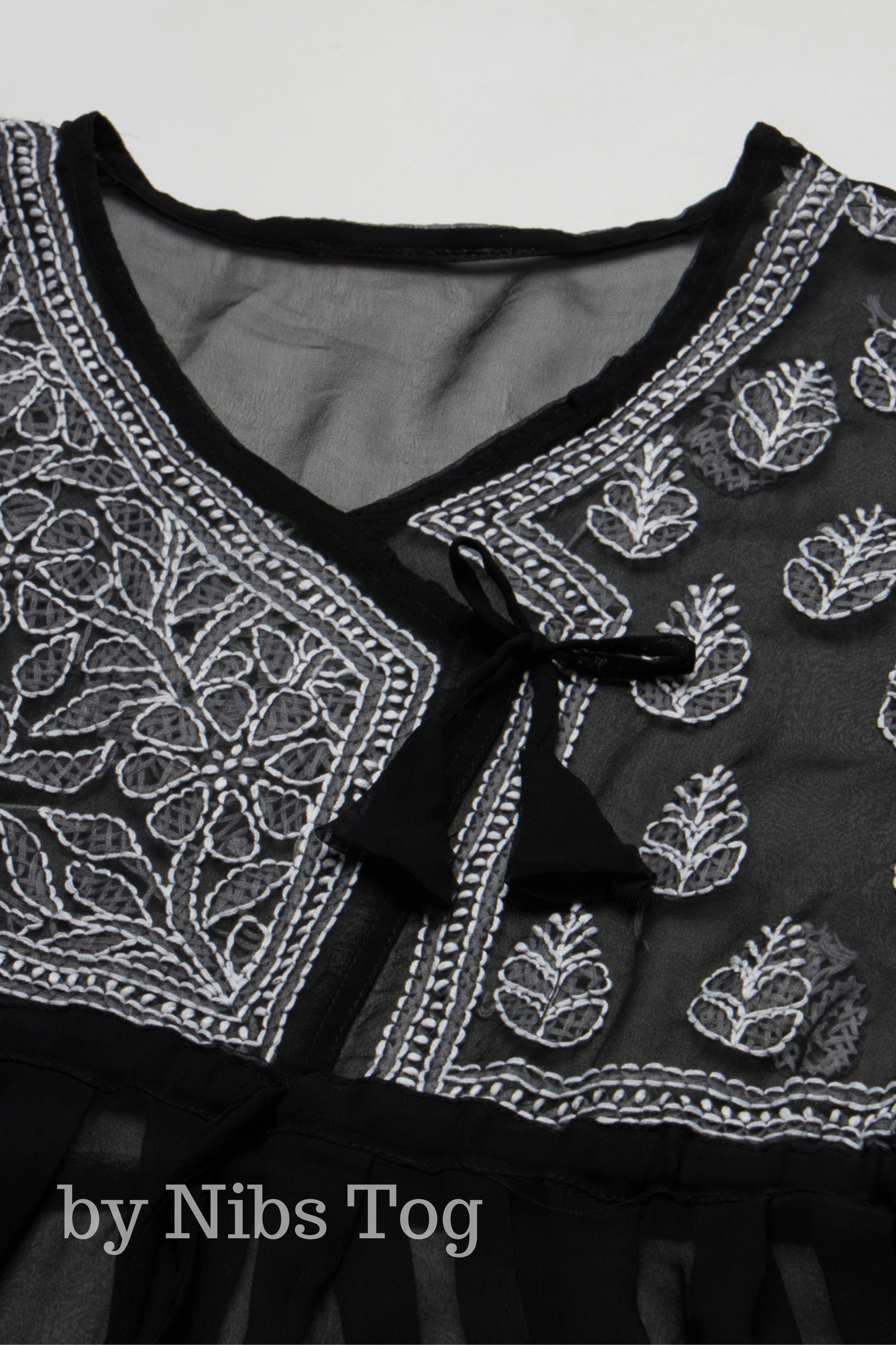 Angrakha Style Georgette Chikankari Short Kurta Black with Camisole