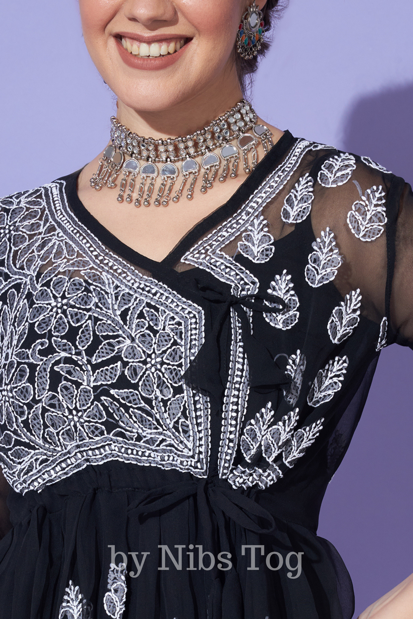 Angrakha Style Georgette Chikankari Short Kurta Black with Camisole