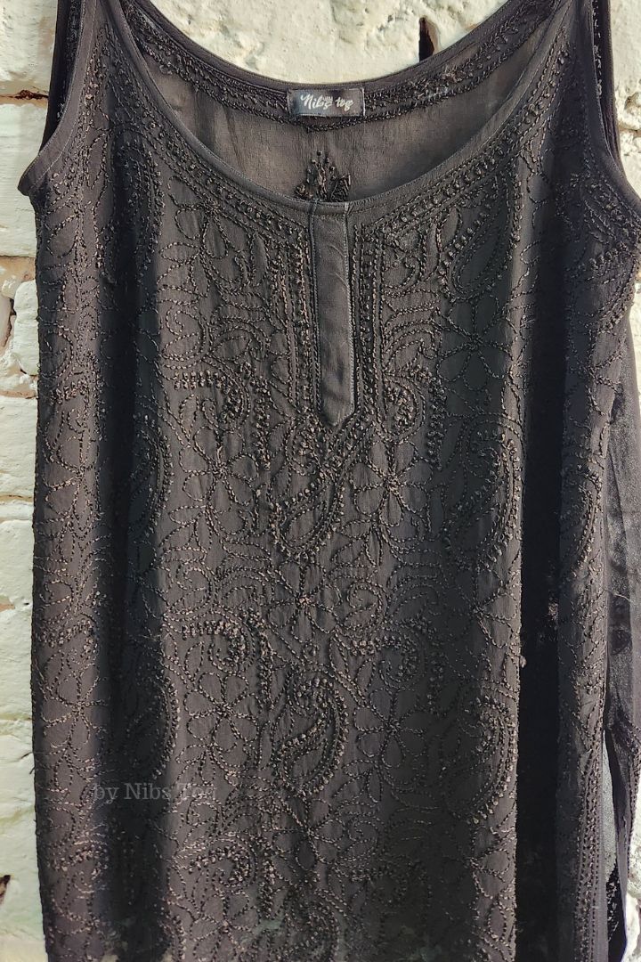 Hoor Black Strappy Chikankari Short kurti/Top