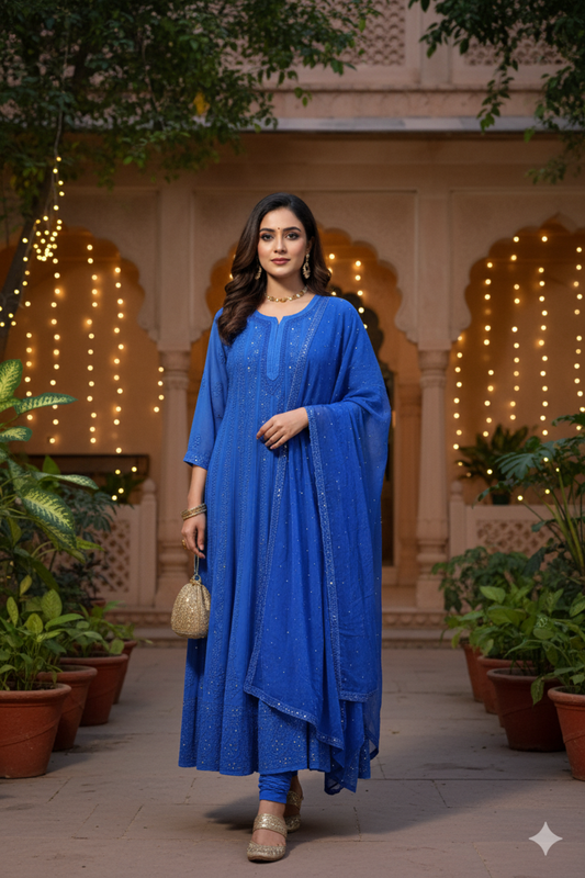 Roohi Blue Chikankari Anarkali Suit with Dupatta