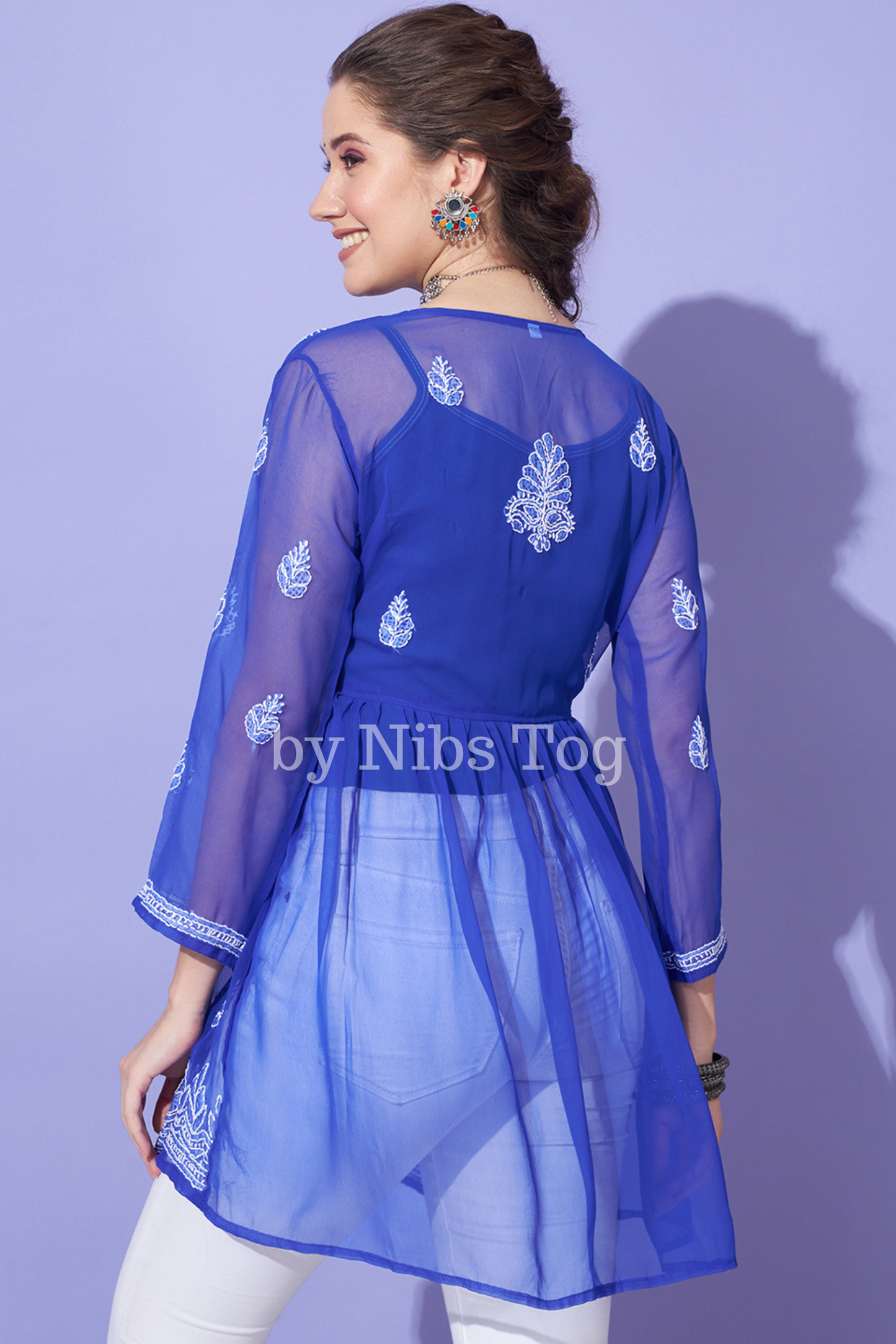 Chikankari Short Kurta Blue Georgette Angrakha Style with Camisole