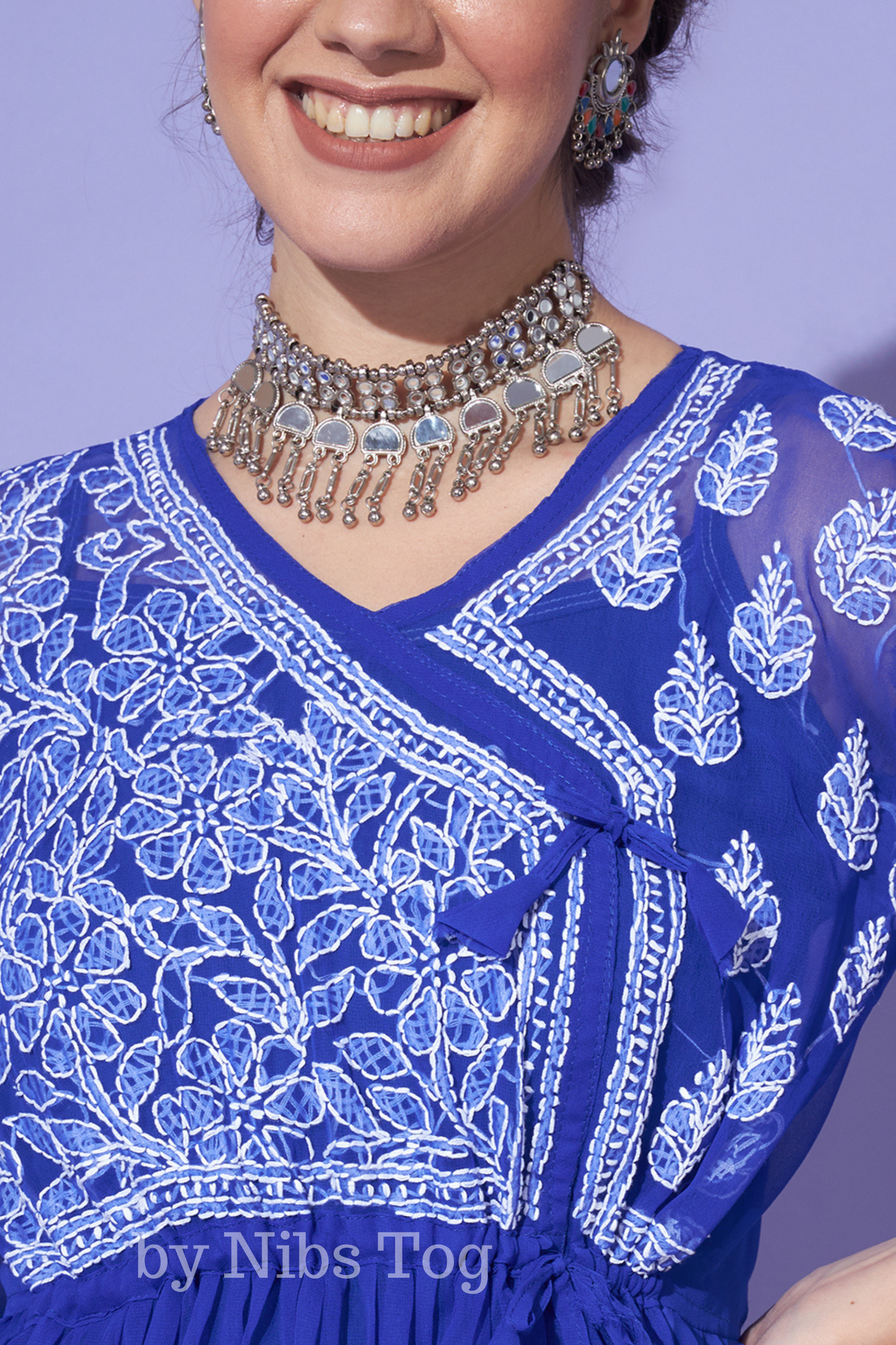 Chikankari Short Kurta Blue Georgette Angrakha Style with Camisole