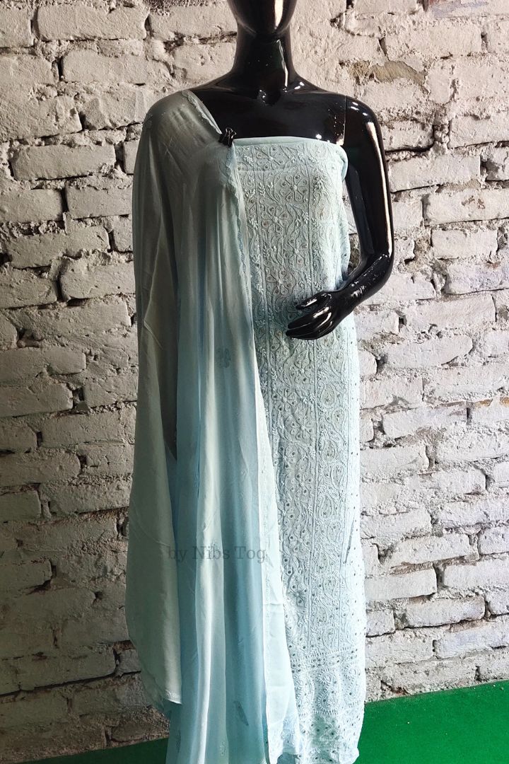 Blue Mausiki Chikankari unstitched Fabric Pure Viscose Georgette