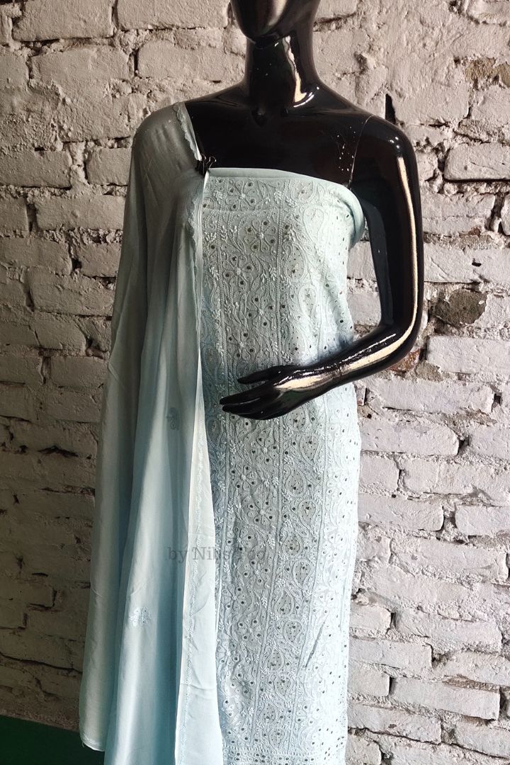 Blue Mausiki Chikankari unstitched Fabric Pure Viscose Georgette