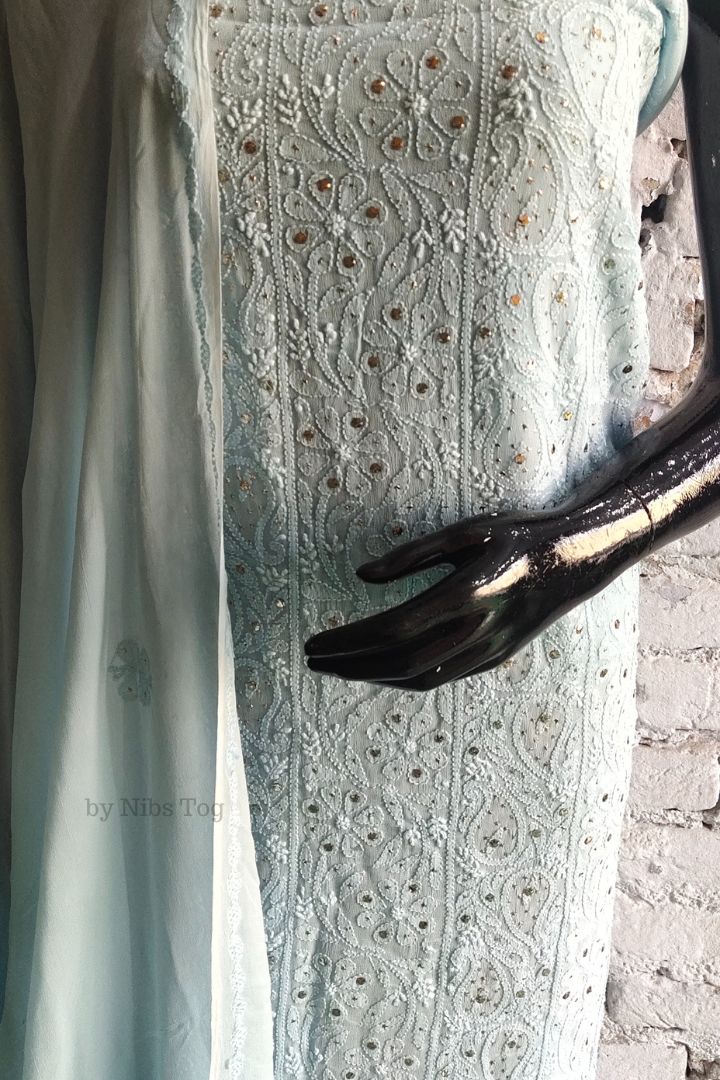 Blue Mausiki Chikankari unstitched Fabric Pure Viscose Georgette