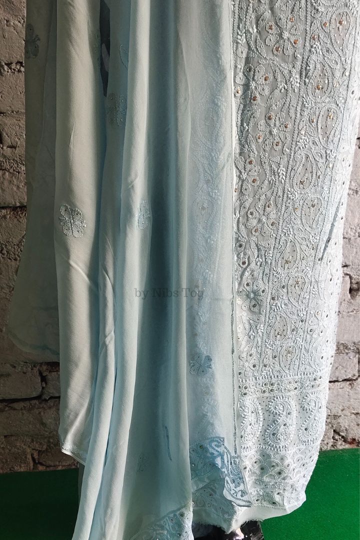 Blue Mausiki Chikankari unstitched Fabric Pure Viscose Georgette