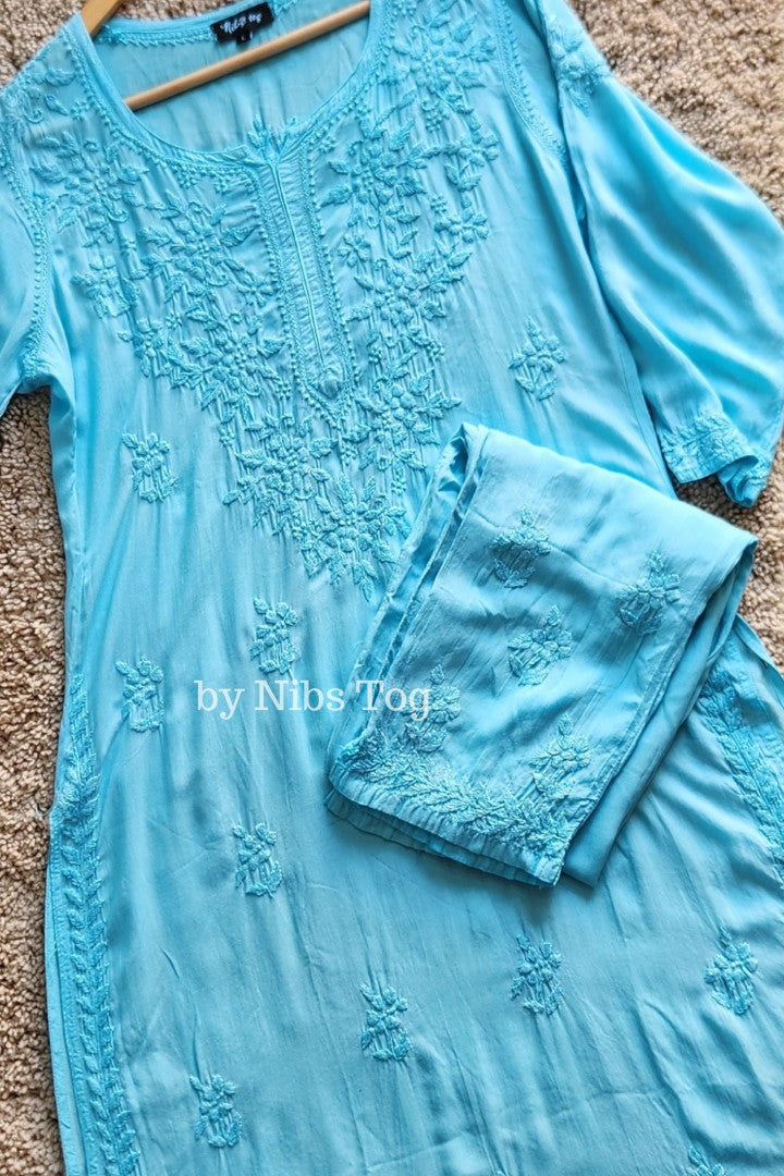 Sky Blue Modal Cotton Chikankari Kurta Palazzo Set